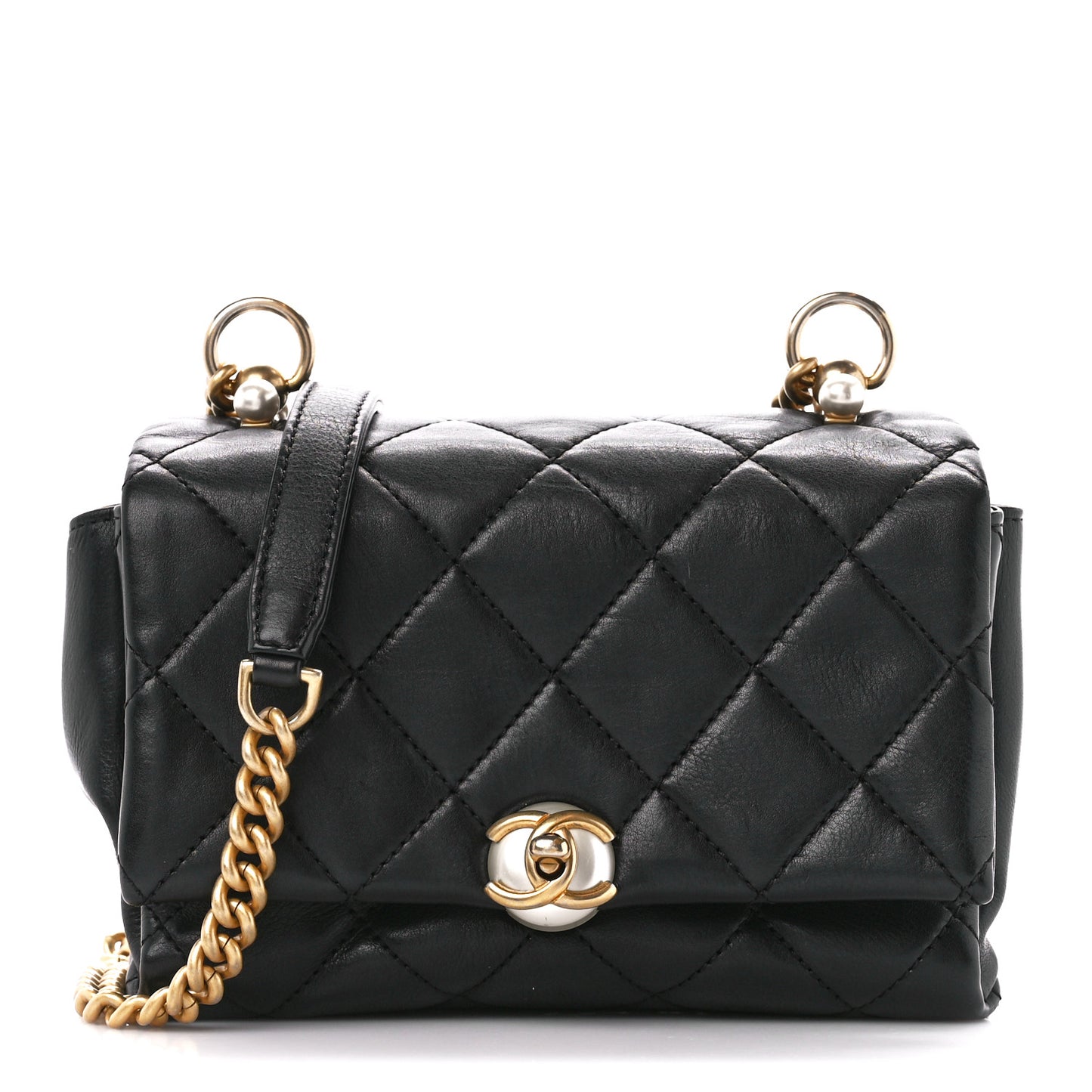 Calfskin Quilted Accordion Pearl CC Flap Bag Black Black