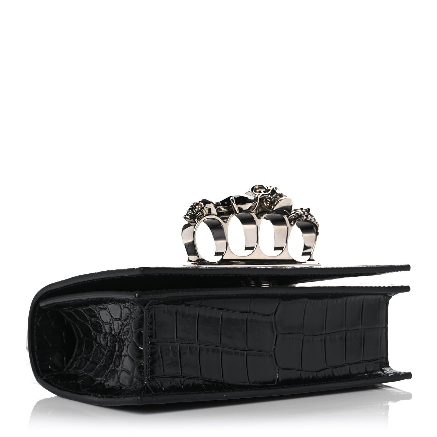 Alexander McQueen Shiny Crocodile Embossed Jeweled Satchel Black 3 of 9