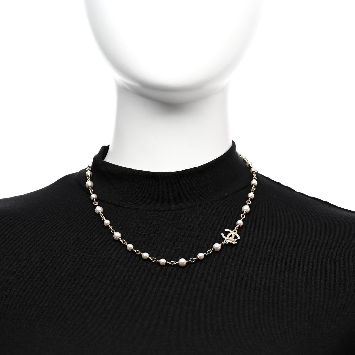 Chanel Pearl Crystal CC Flower Necklace Pearly White Light Gold 2 of 5