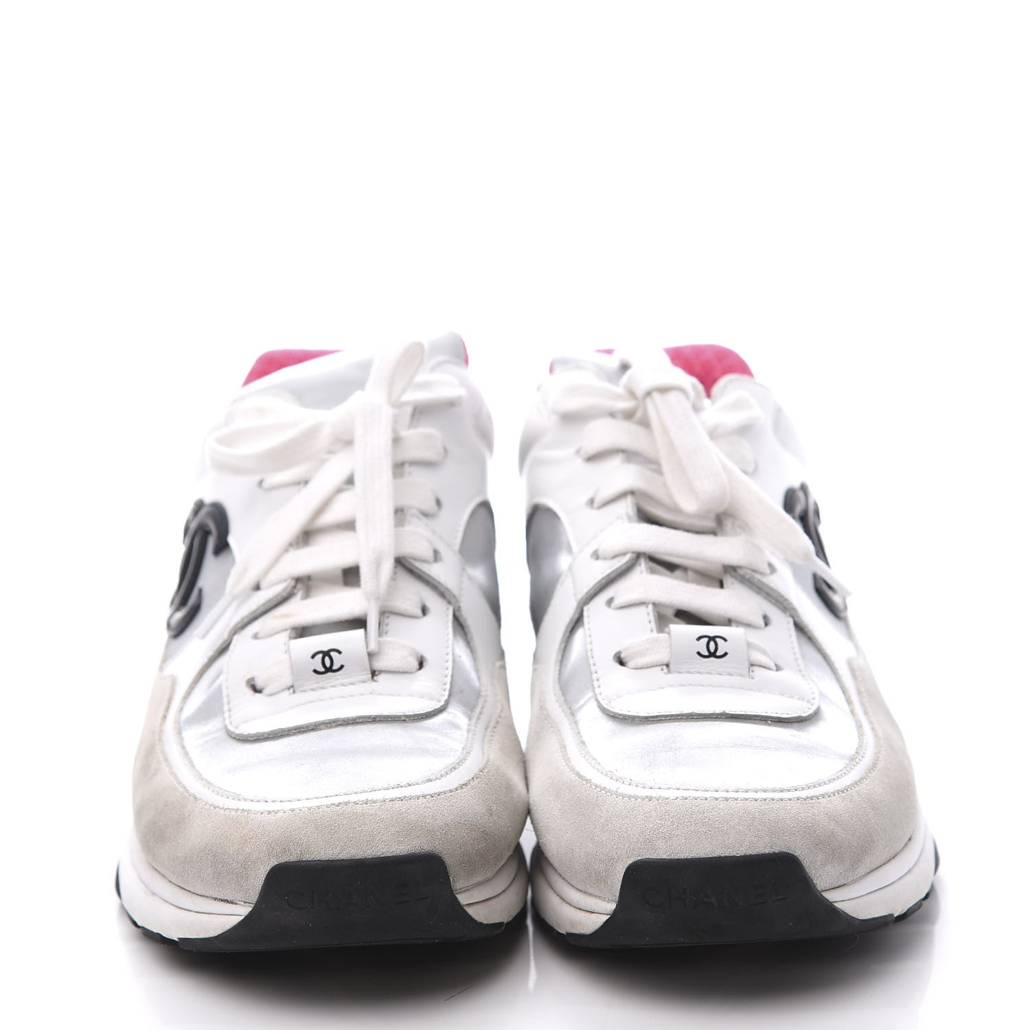 Chanel Calfskin Fabric Sneakers 38 White Silver Fluo Pink 3 of 10