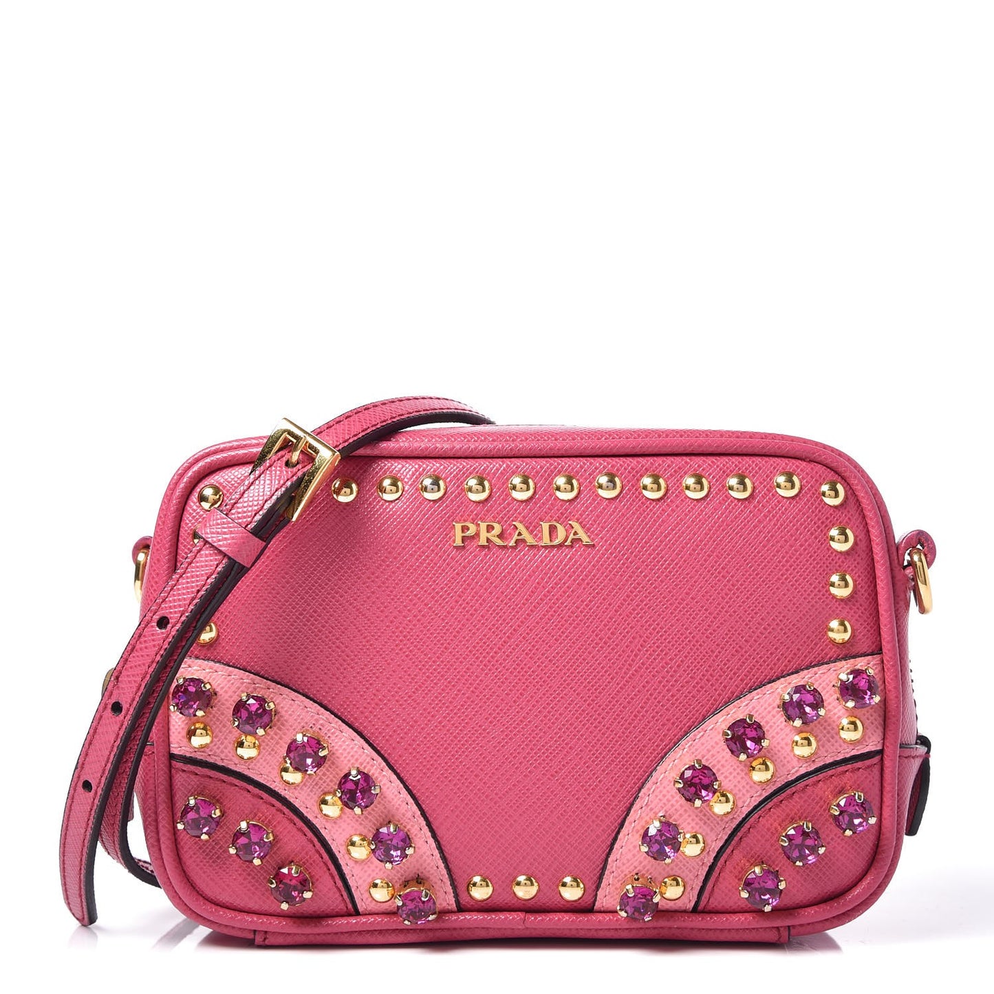 Saffiano Crystal Embellished Mini Camera Crossbody Fuxia Geranio