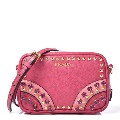 Prada Saffiano Crystal Embellished Mini Camera Crossbody Fuxia Geranio 1 of 8