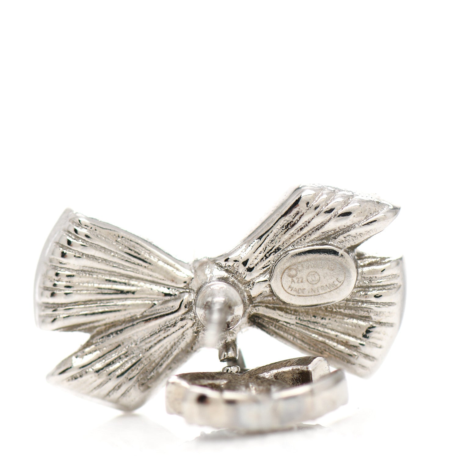 Chanel Crystal Pearl Bow CC Drop Earrings Silver 4 of 5