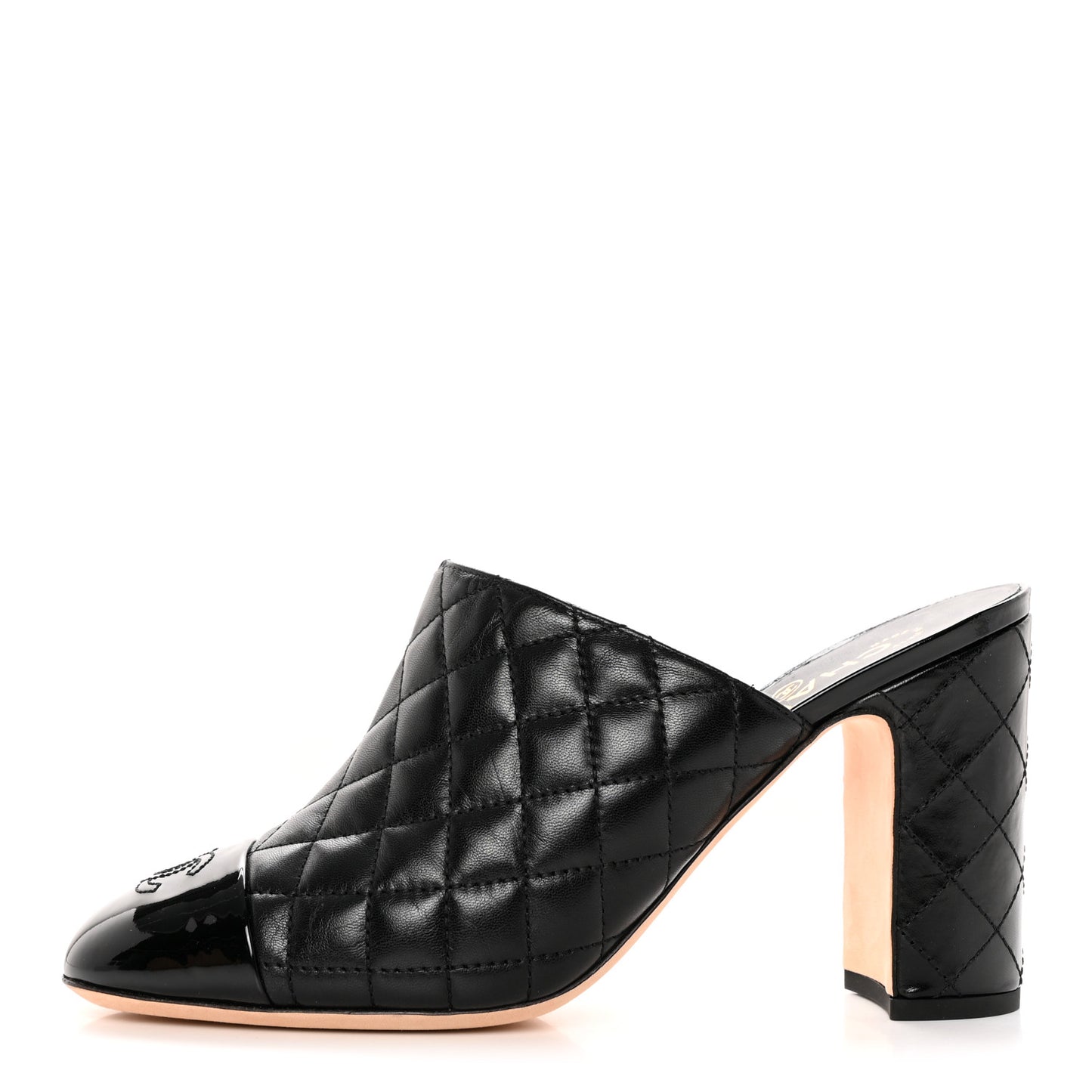 Goatskin Patent Calfskin Quilted Cap Toe CC Mules 40.5 Black