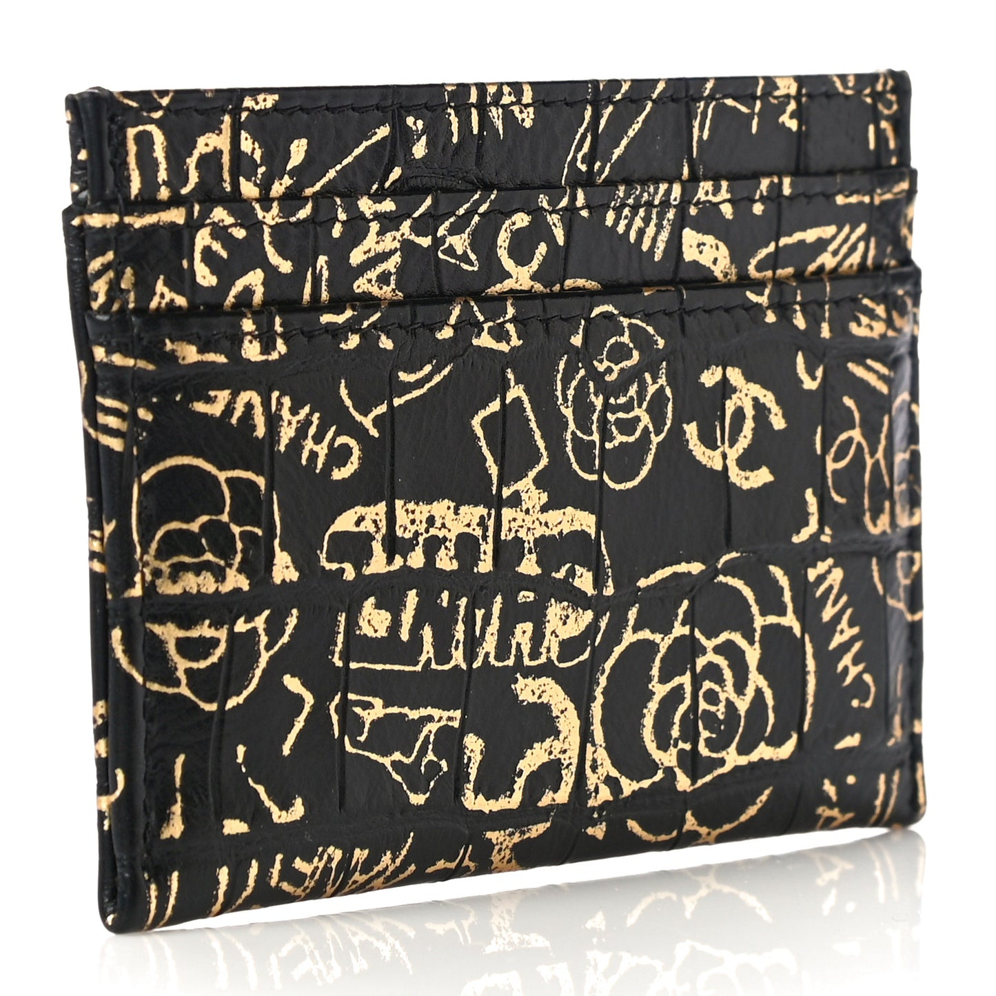 Calfskin Crocodile Embossed Graffiti 2.55 Cocodile Reissue Card Holder Black Gold