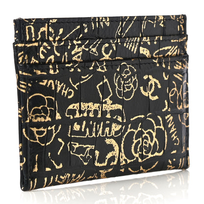 Chanel Calfskin Crocodile Embossed Graffiti 2.55 Cocodile Reissue Card Holder Black Gold 3 of 8