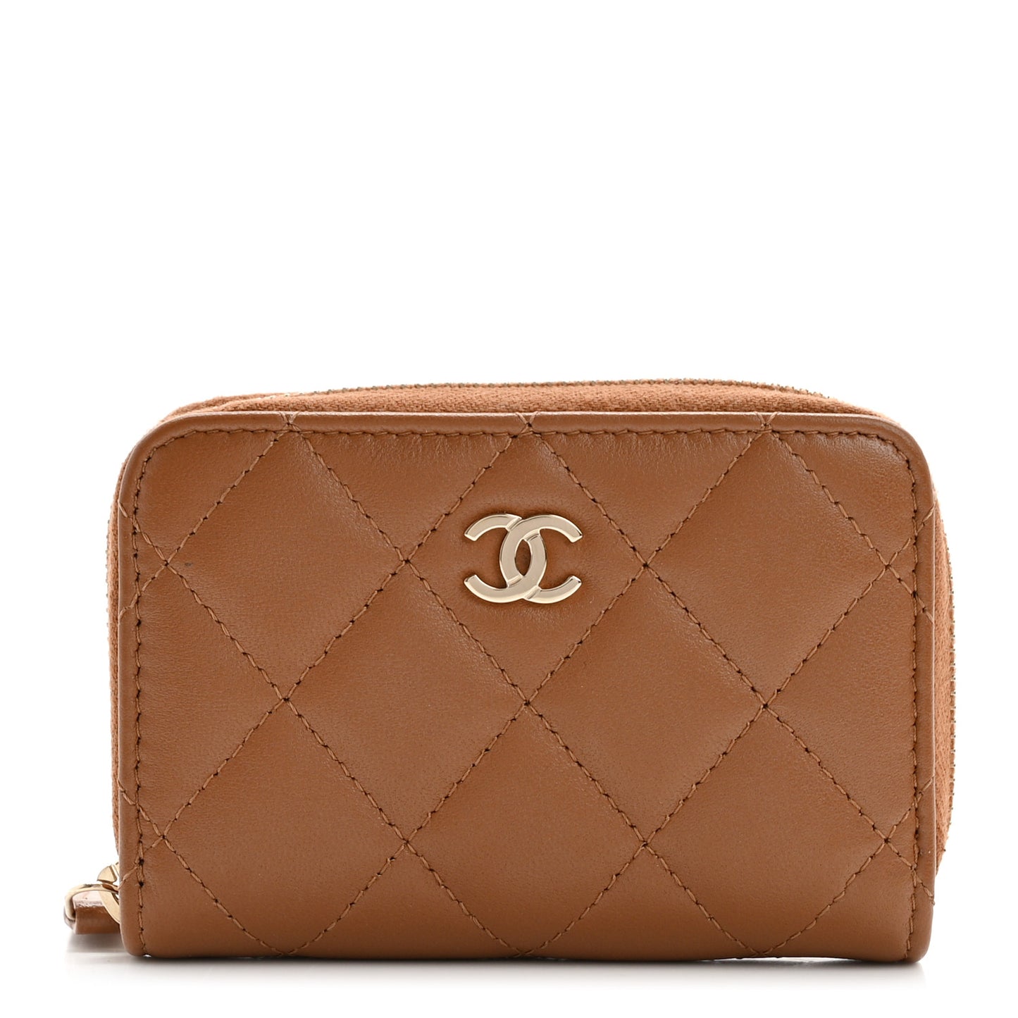 Lambskin Quilted Zip Around Coin Purse Wallet Brown