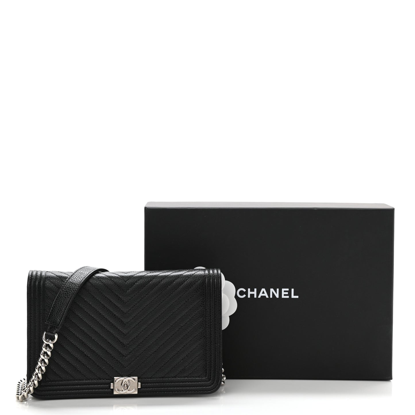 Caviar Chevron Quilted Boy Wallet On Chain WOC Black