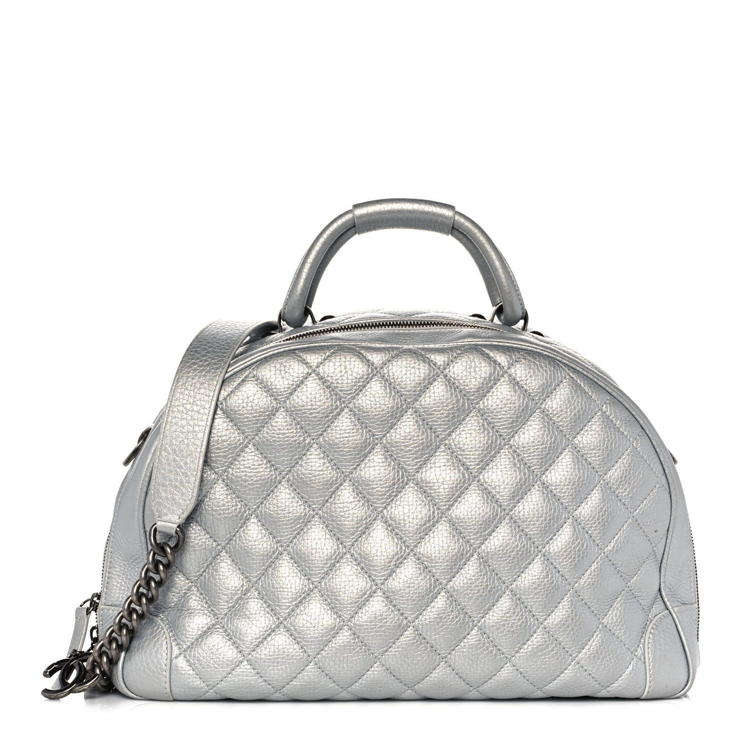 Metallic Calfskin Quilted Medium Airlines Round Trip Bowling Bag Silver