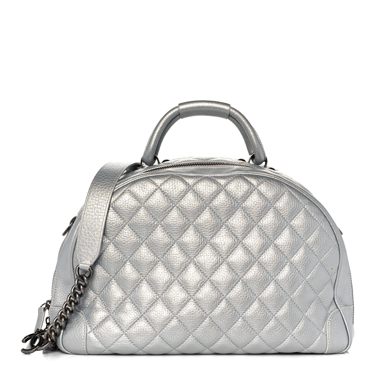 Chanel Metallic Calfskin Quilted Medium Airlines Round Trip Bowling Bag Silver 1 of 14