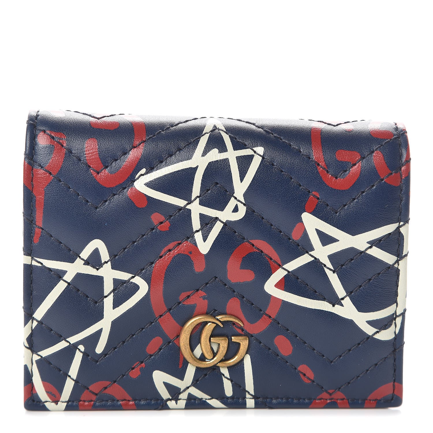 Gucci Calfskin Matelasse GucciGhost GG Marmont Card Case Blue Agata Hibiscus Red 1 of 6