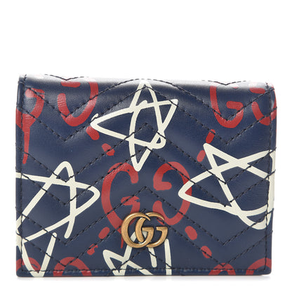 Gucci Calfskin Matelasse GucciGhost GG Marmont Card Case Blue Agata Hibiscus Red 1 of 6