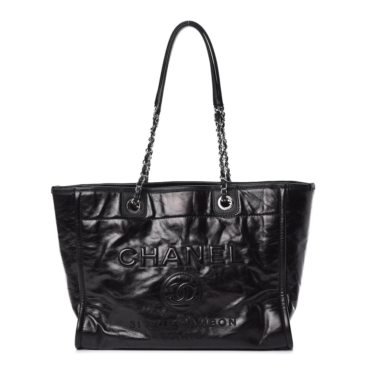 Glazed Calfskin Small Deauville Tote Black