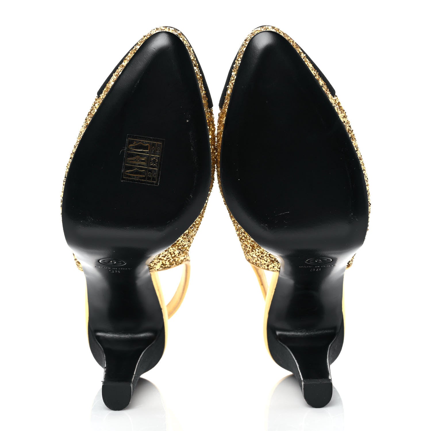 Chanel Glitter Grosgrain Cap Toe CC Slingback Pumps 38 Gold Black 5 of 9