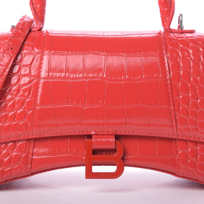 Balenciaga Shiny Calfskin Tonal B Crocodile Embossed Small Hourglass Top Handle Bag Bright Red 9 of 13