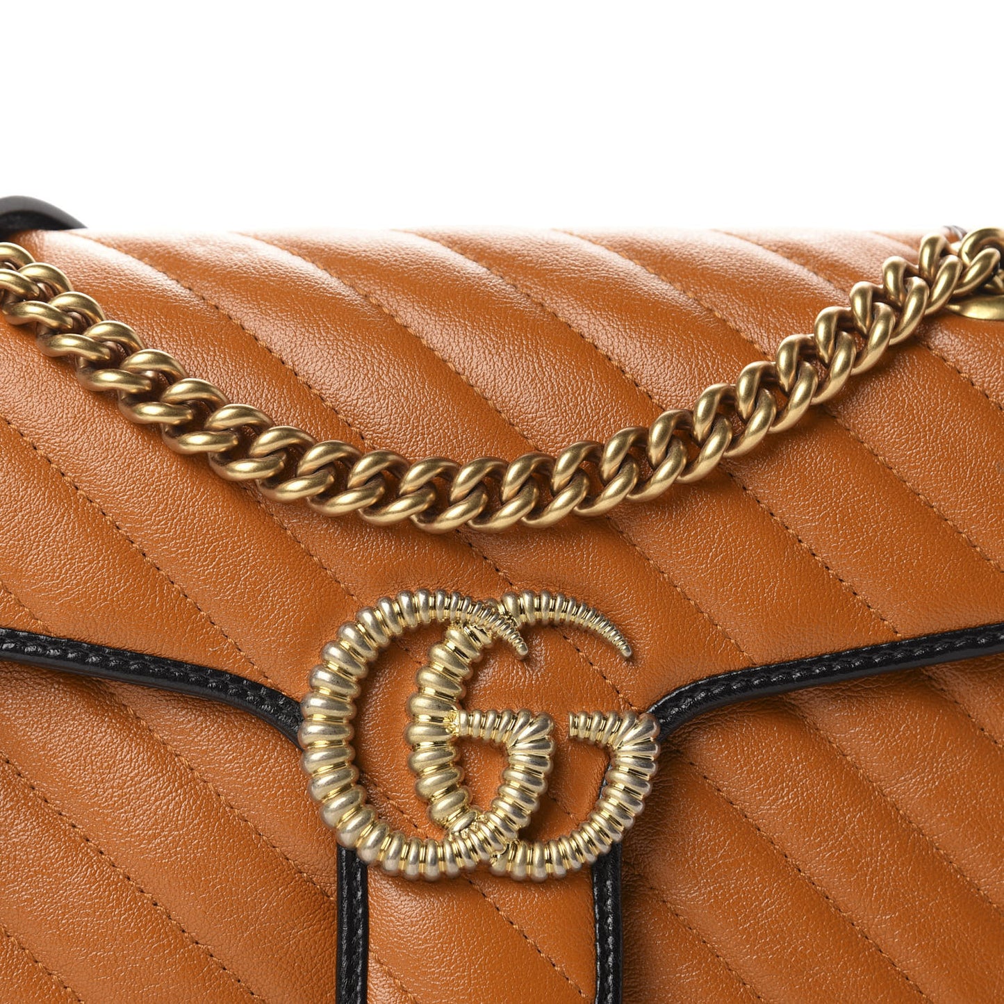 Vintage Effect Calfskin Matelasse Diagonal Small Torchon GG Marmont Shoulder Bag Cognac Black