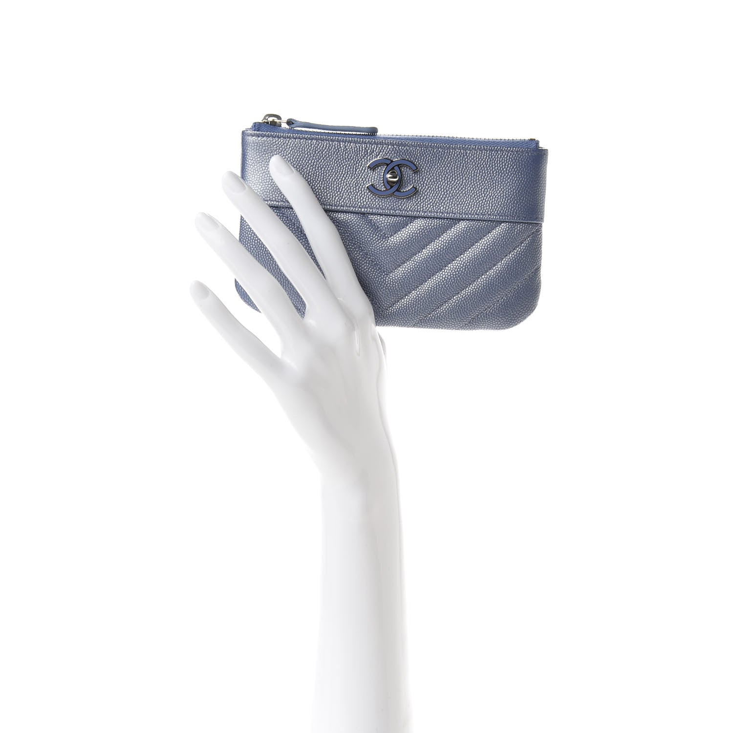 Chanel Metallic Caviar Chevron Quilted Small Vintage Mademoiselle Cosmetic Case Blue 2 of 8