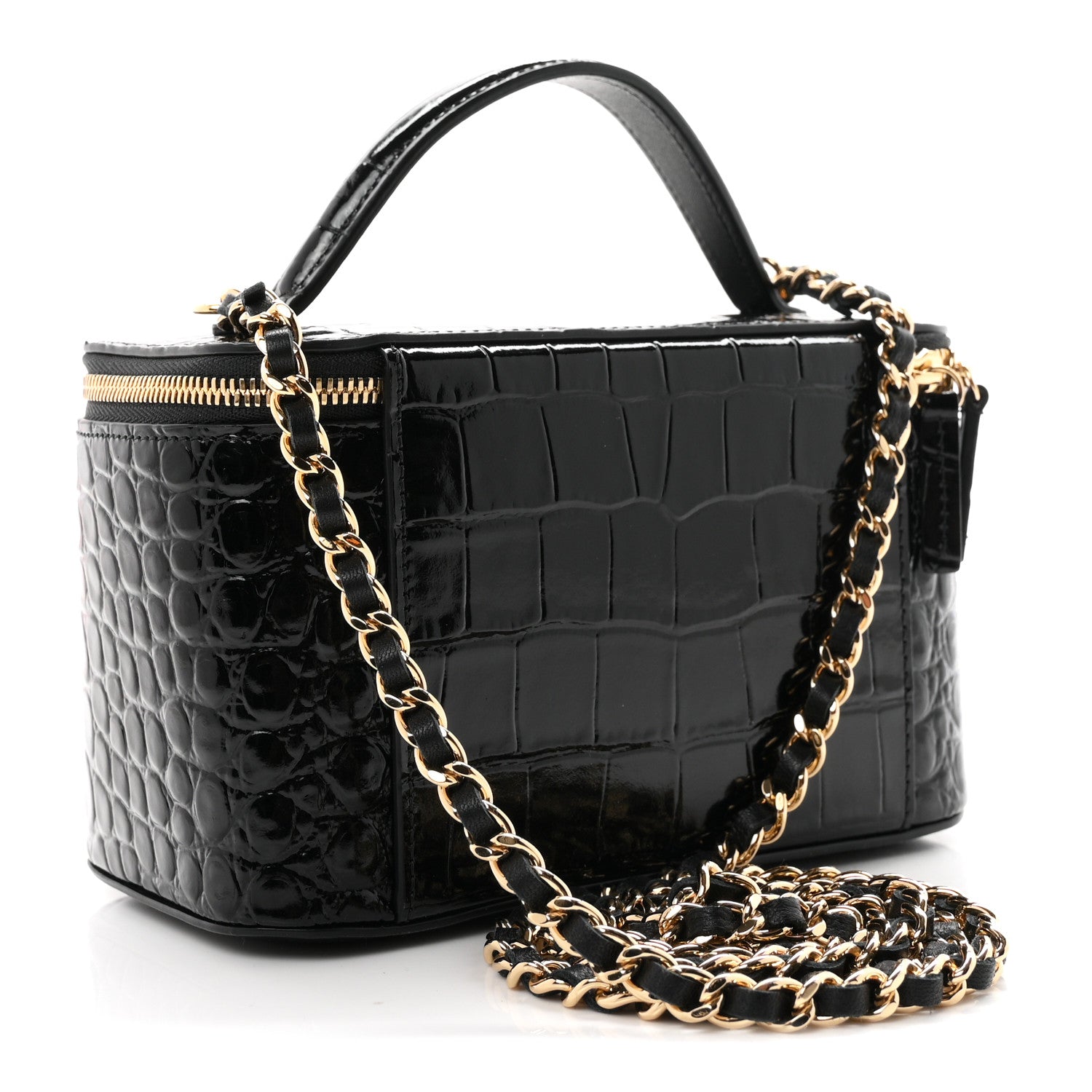 Chanel Calfskin Crocodile Embossed Crococo Small Top Handle Vanity Case With Chain Black 3 of 11