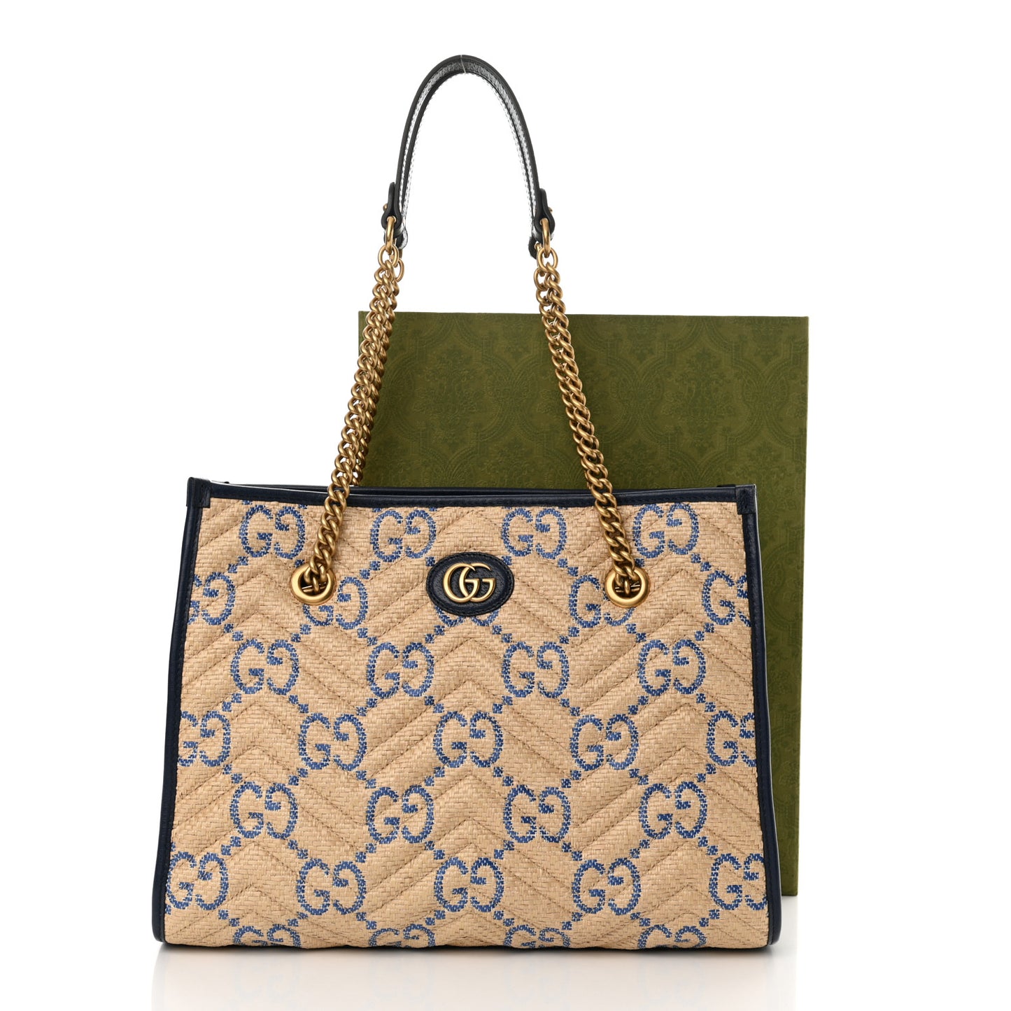 Raffia GG Monogram Matelasse Medium GG Marmont Shoulder Tote Natural Royale Off White