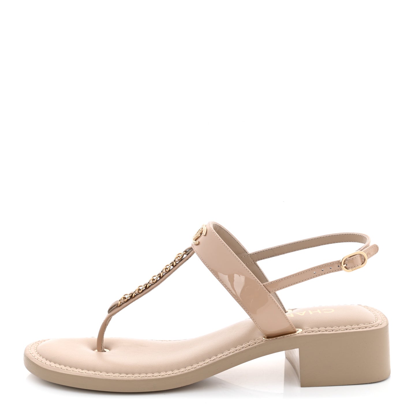 Lambskin Patent Chain CC Logo Thong Sandals 41.5 Beige