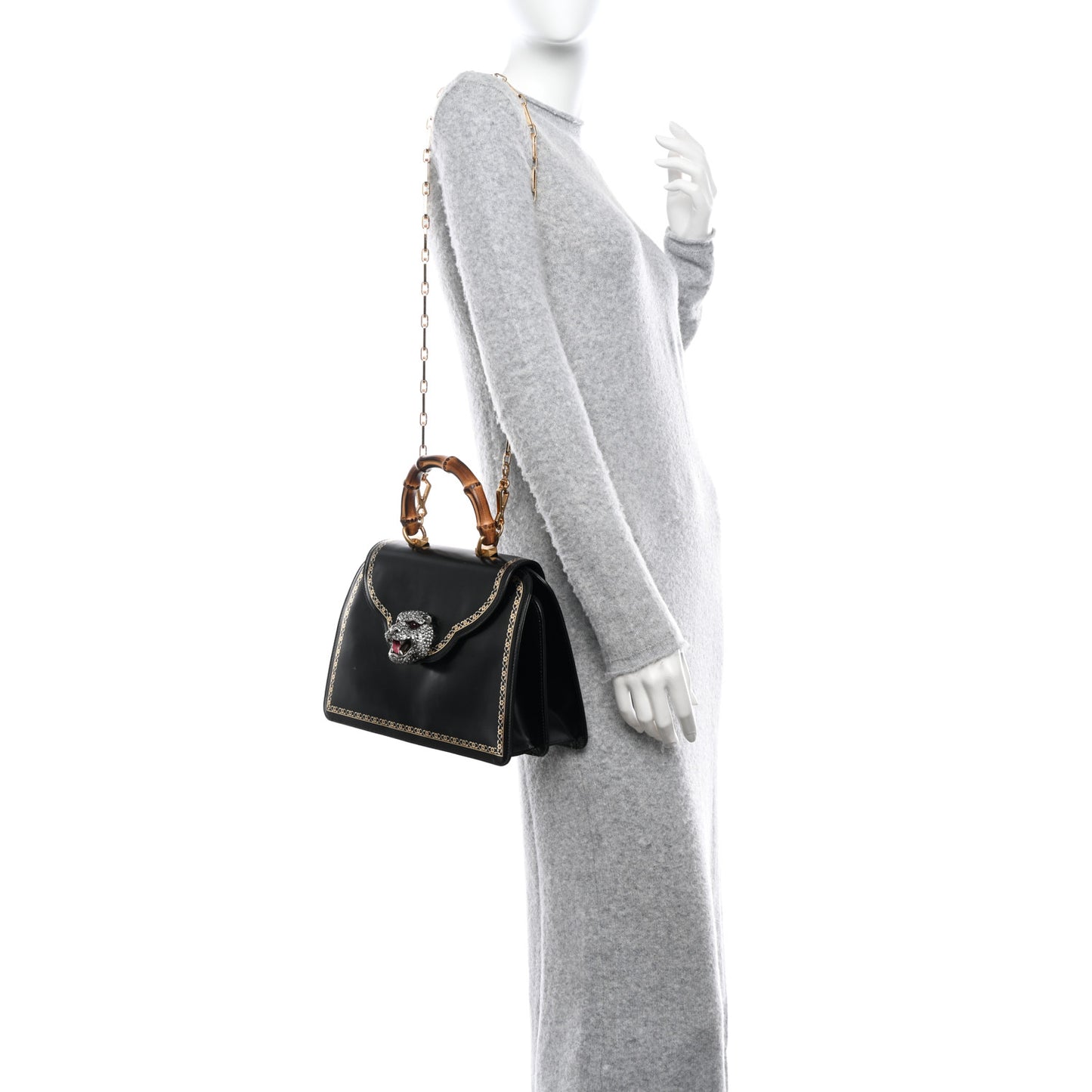 Calfskin Bamboo Medium Thiara Top Handle Bag Black