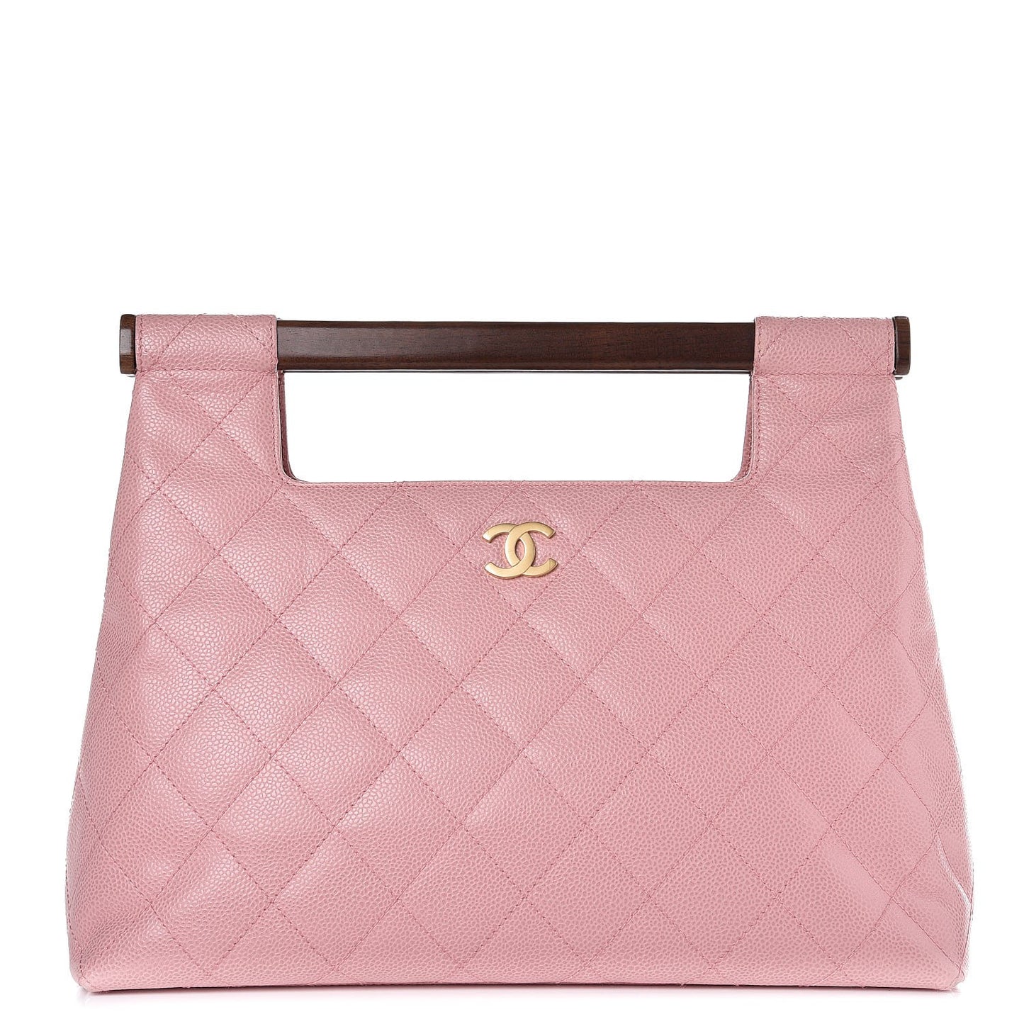 Caviar Quilted Wood Handle Tote Pink