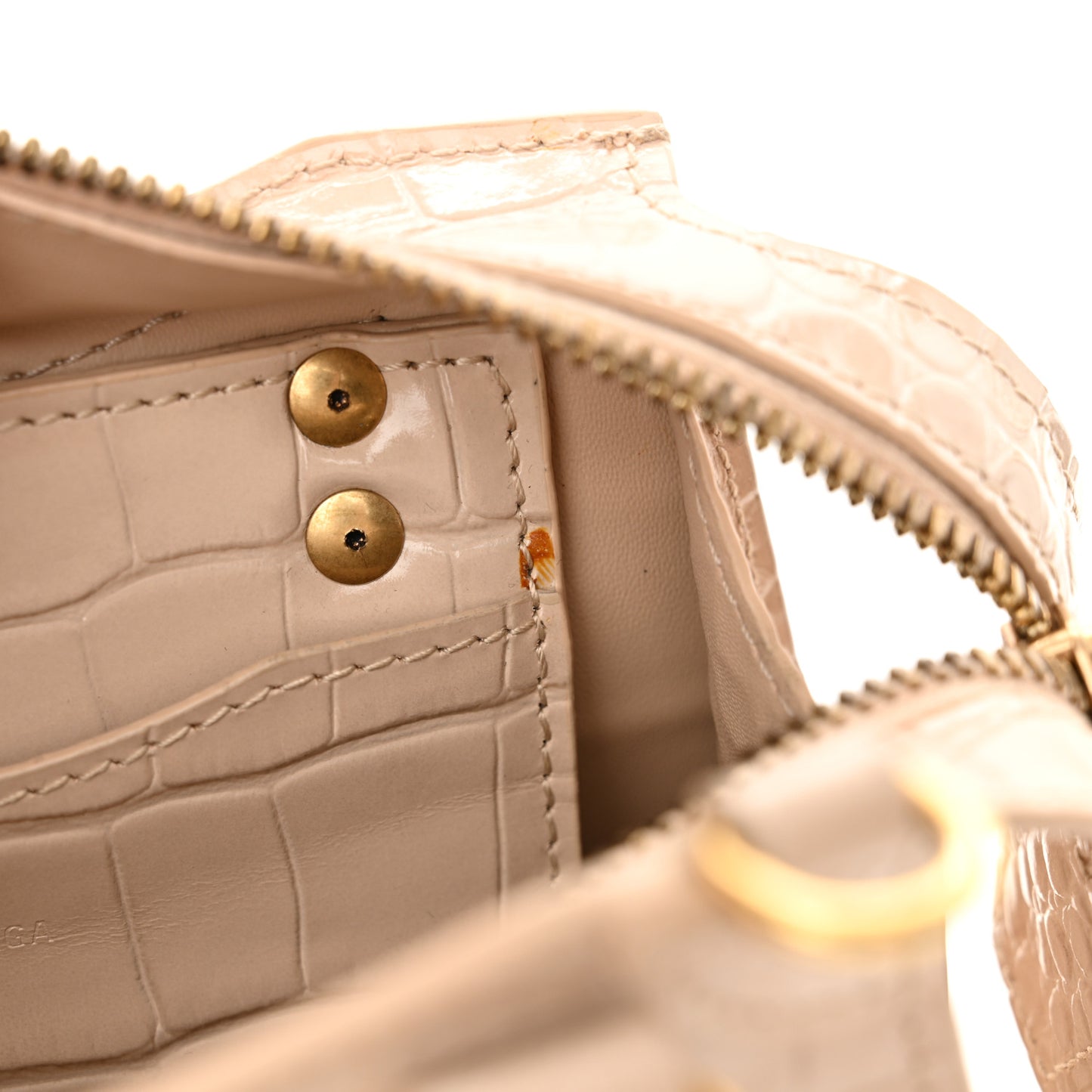 Shiny Supple Calfskin Crocodile Embossed Neo Classic Gold Hardware Nano City Crossbody Light Beige