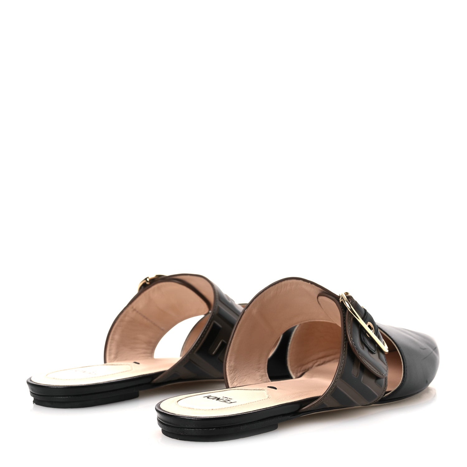 Fendi Vitello FF Embossed Buckle Flat Mules 39 Maya Black 5 of 13
