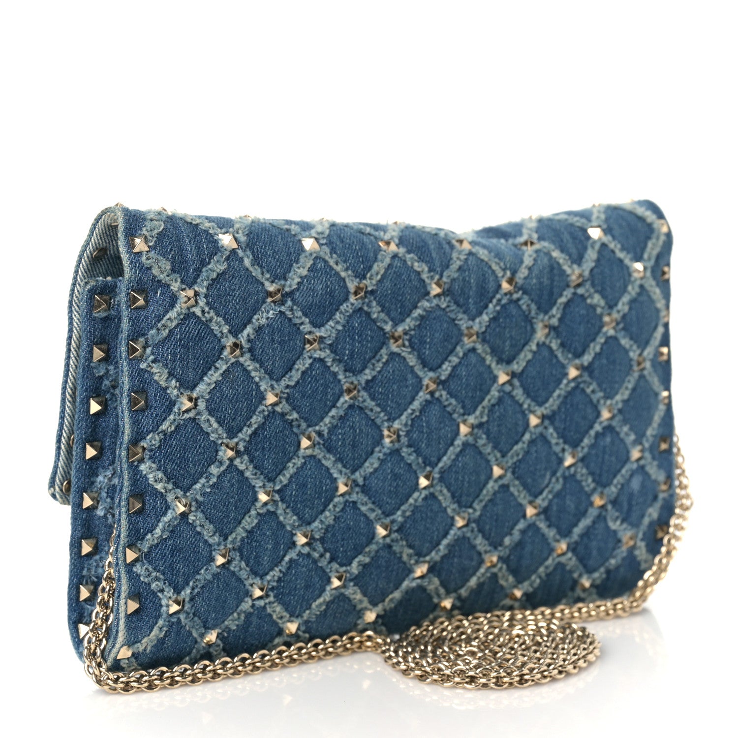 Valentino Garavani Denim Rockstud Spike Wallet on Chain Blue 3 of 9