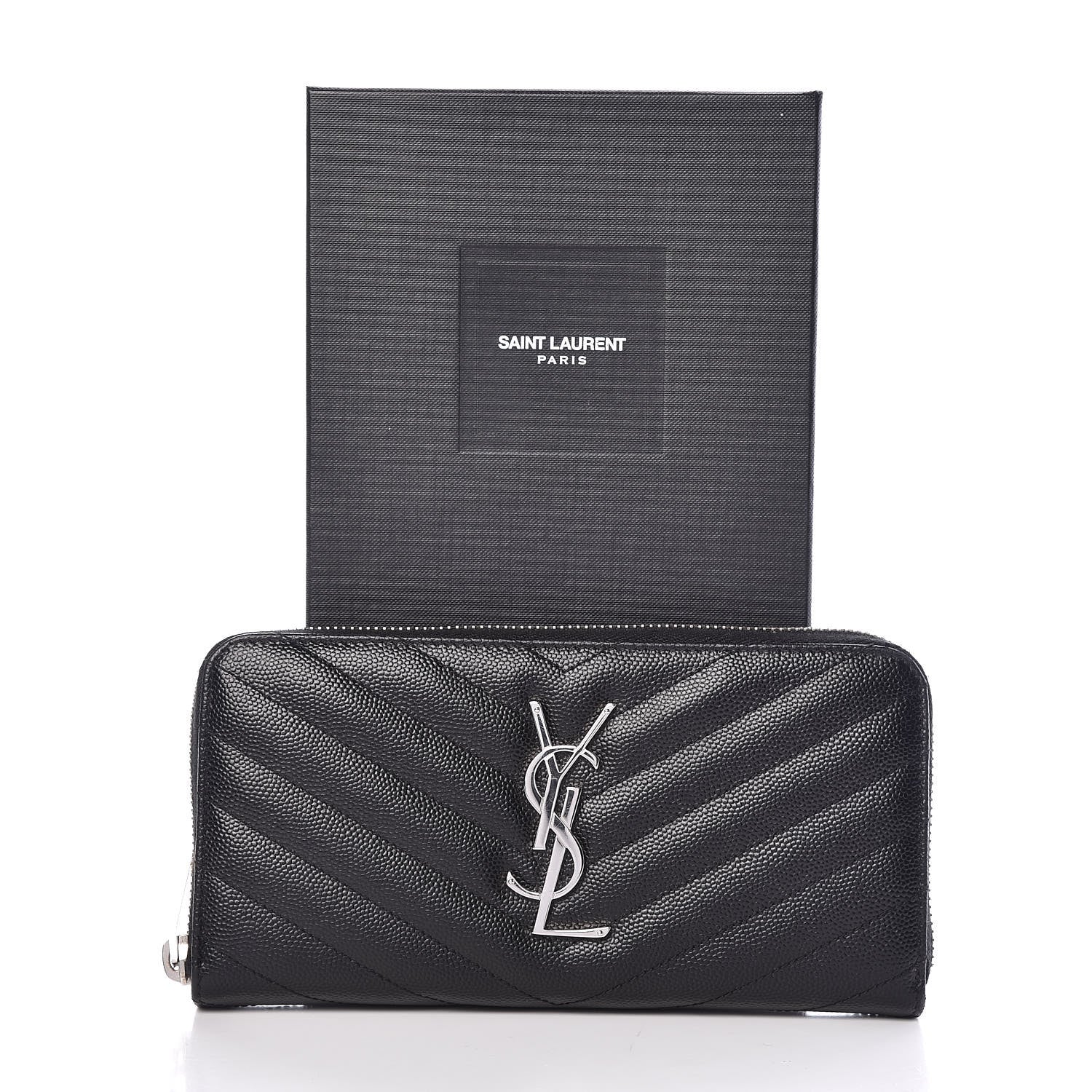 Saint Laurent Grain De Poudre Matelasse Chevron Monogram Zip Around Wallet Black 7 of 7
