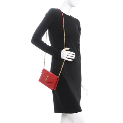 Saint Laurent Grain De Poudre Matelasse Chevron Monogram Envelope Chain Wallet New Red 2 of 7