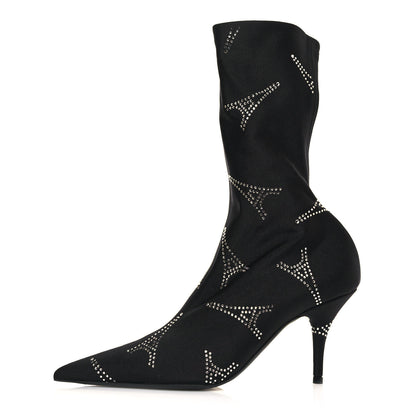 Balenciaga Spandex Crystal Eiffel Tower Print Extreme Pointed Toe Knife Ankle Boots 37.5 Black 1 of 6
