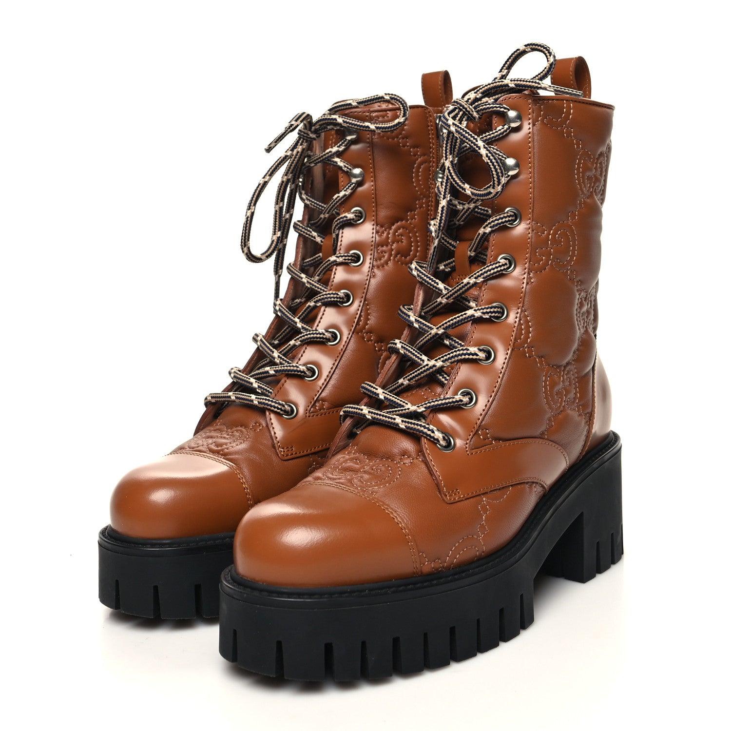 Gucci Cordovan Lux Nappa GG Matelasse Lace Up 60mm Combat Boots 36 Dark Hazel Brown 3 of 9