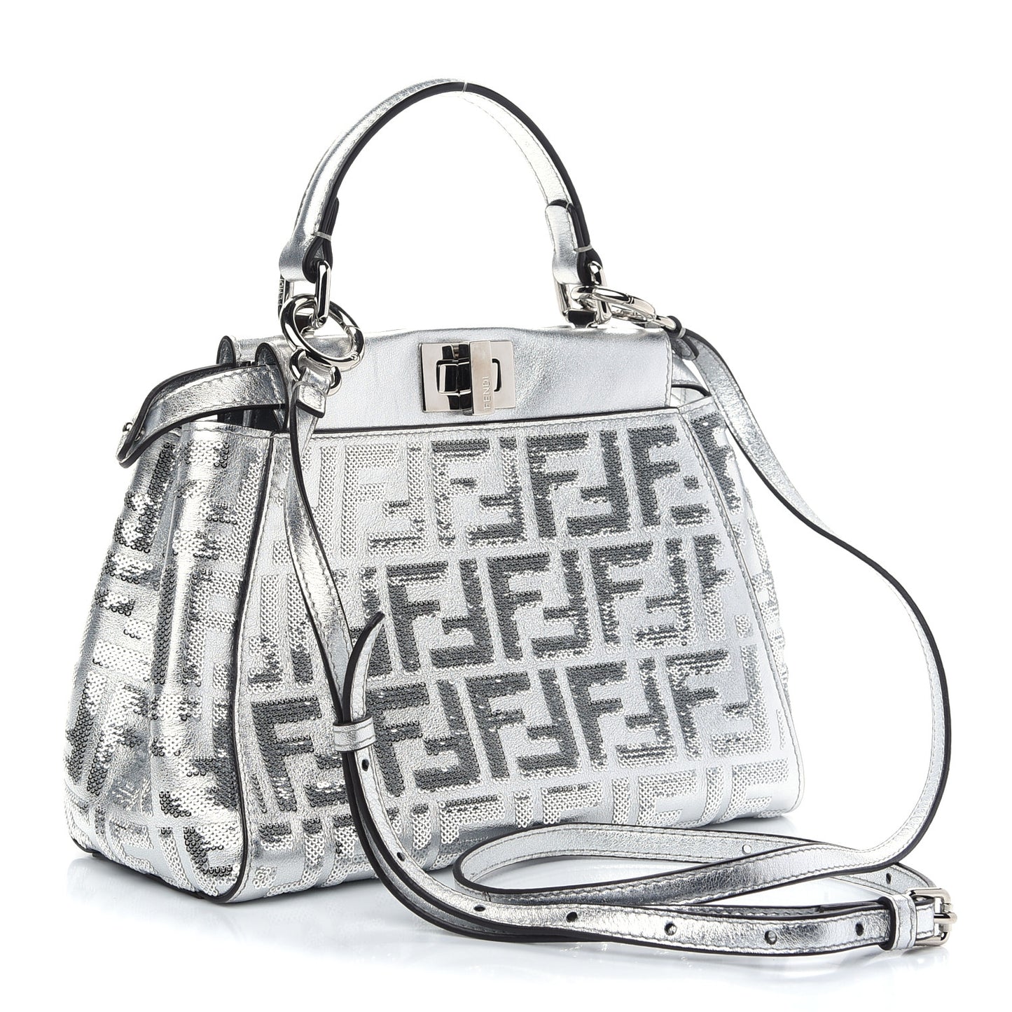 Vitello Catalan Mirror Sequin FF 1974 Embroidered Mini Peekaboo Iconic Satchel Argento