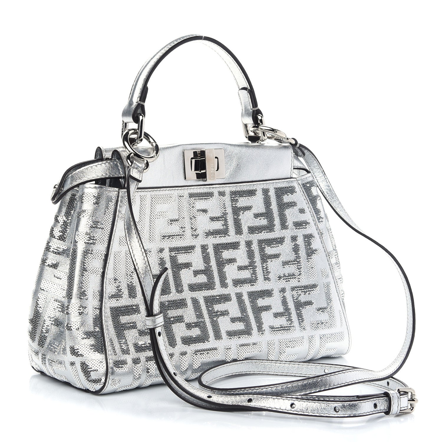 Fendi Vitello Catalan Mirror Sequin FF 1974 Embroidered Mini Peekaboo Iconic Satchel Argento 3 of 8
