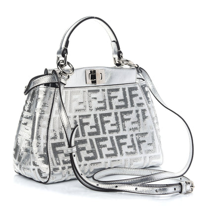 Fendi Vitello Catalan Mirror Sequin FF 1974 Embroidered Mini Peekaboo Iconic Satchel Argento 3 of 8