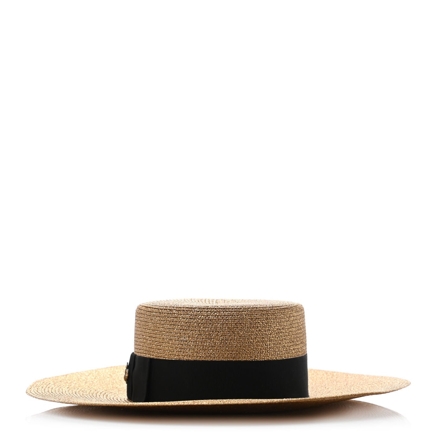Glittered Straw Grosgrain Wide Brim Hat M Gold Black