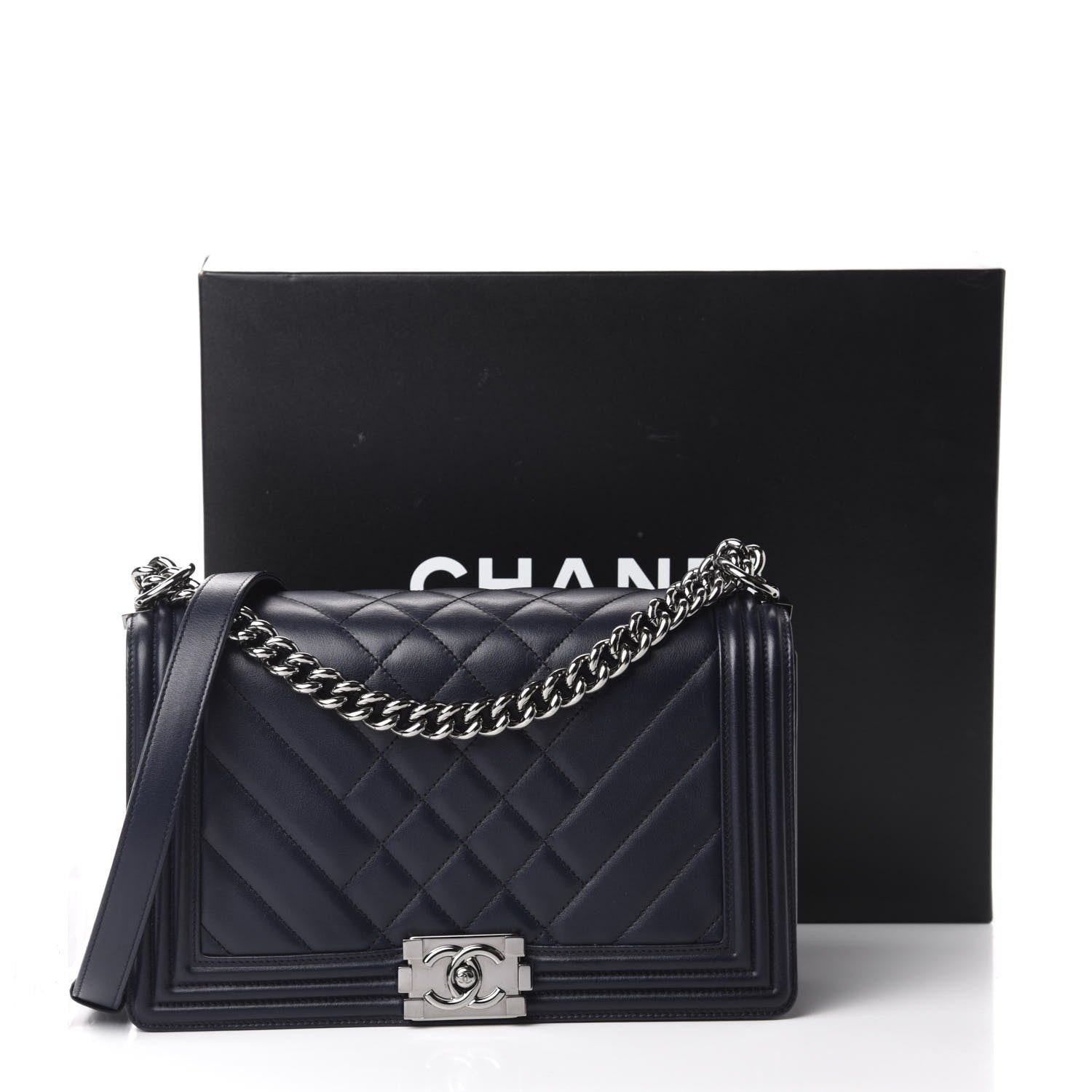 Chanel Calfskin Chevron Quilted Medium Boy Flap Navy Blue 16 of 16