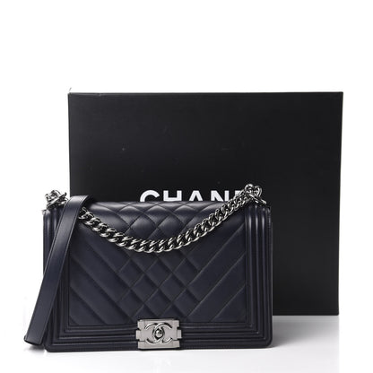 Chanel Calfskin Chevron Quilted Medium Boy Flap Navy Blue 16 of 16