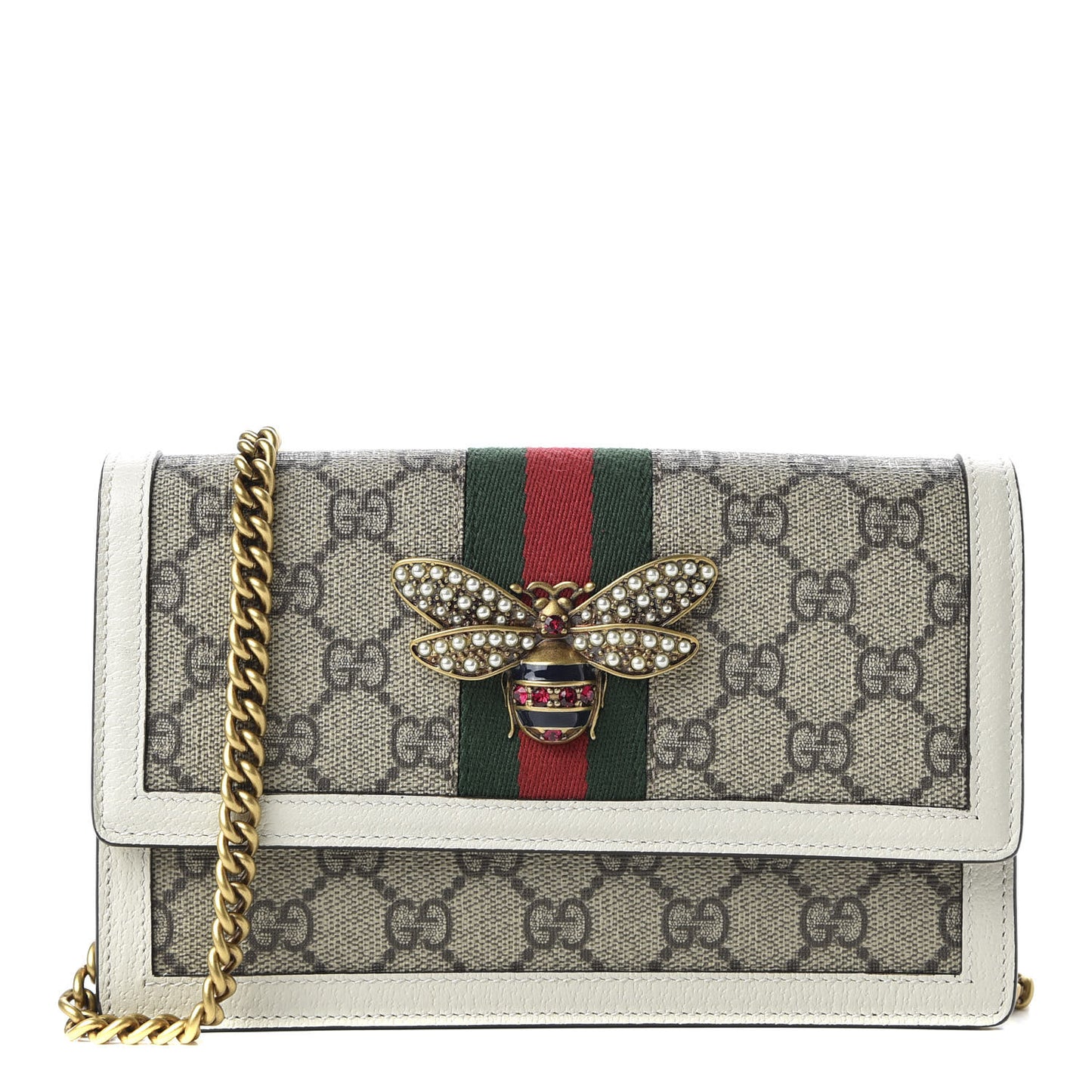 GG Supreme Monogram Web Queen Margaret Chain Wallet White