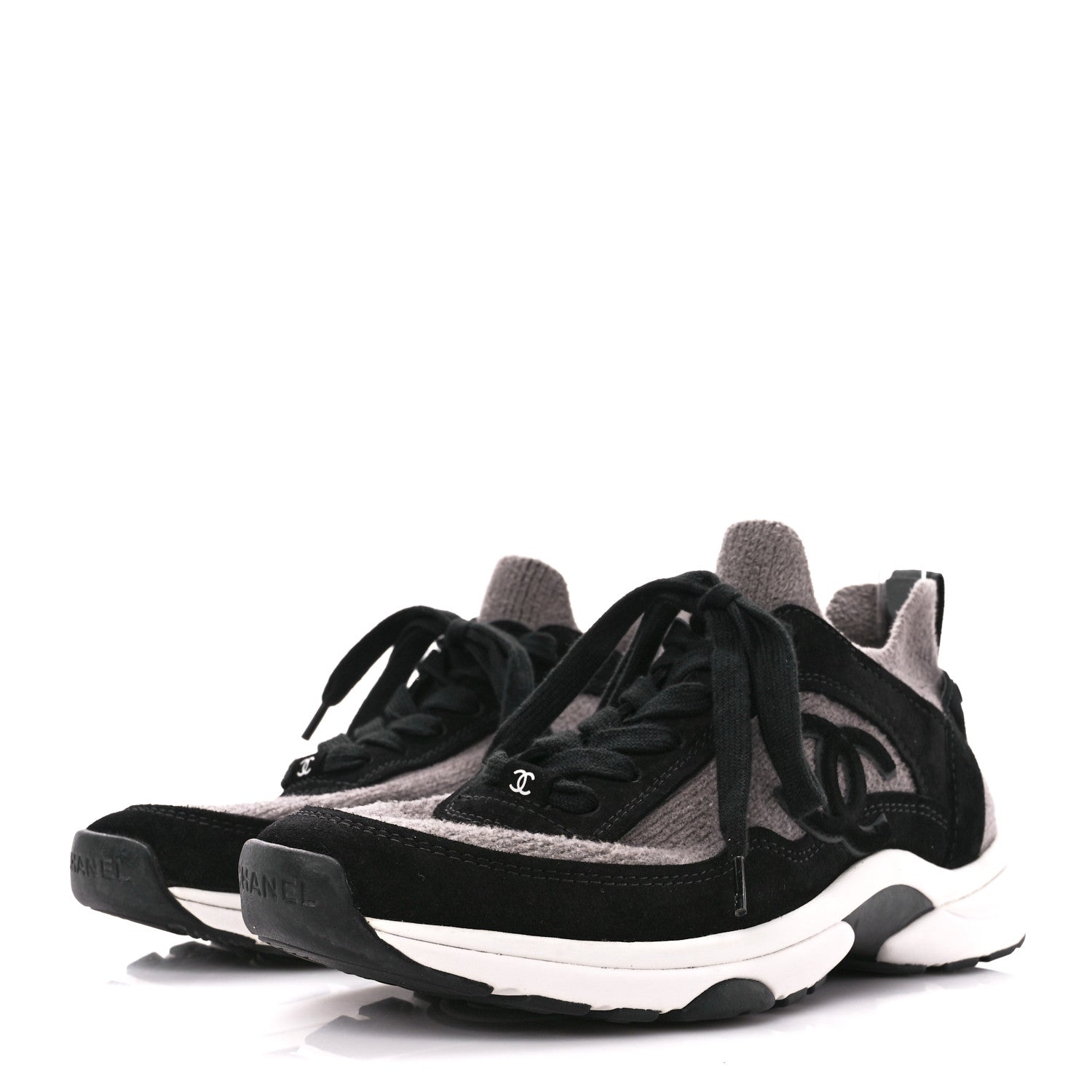 Chanel Fabric Suede Calfskin CC Sneakers 39 Grey Black 3 of 9