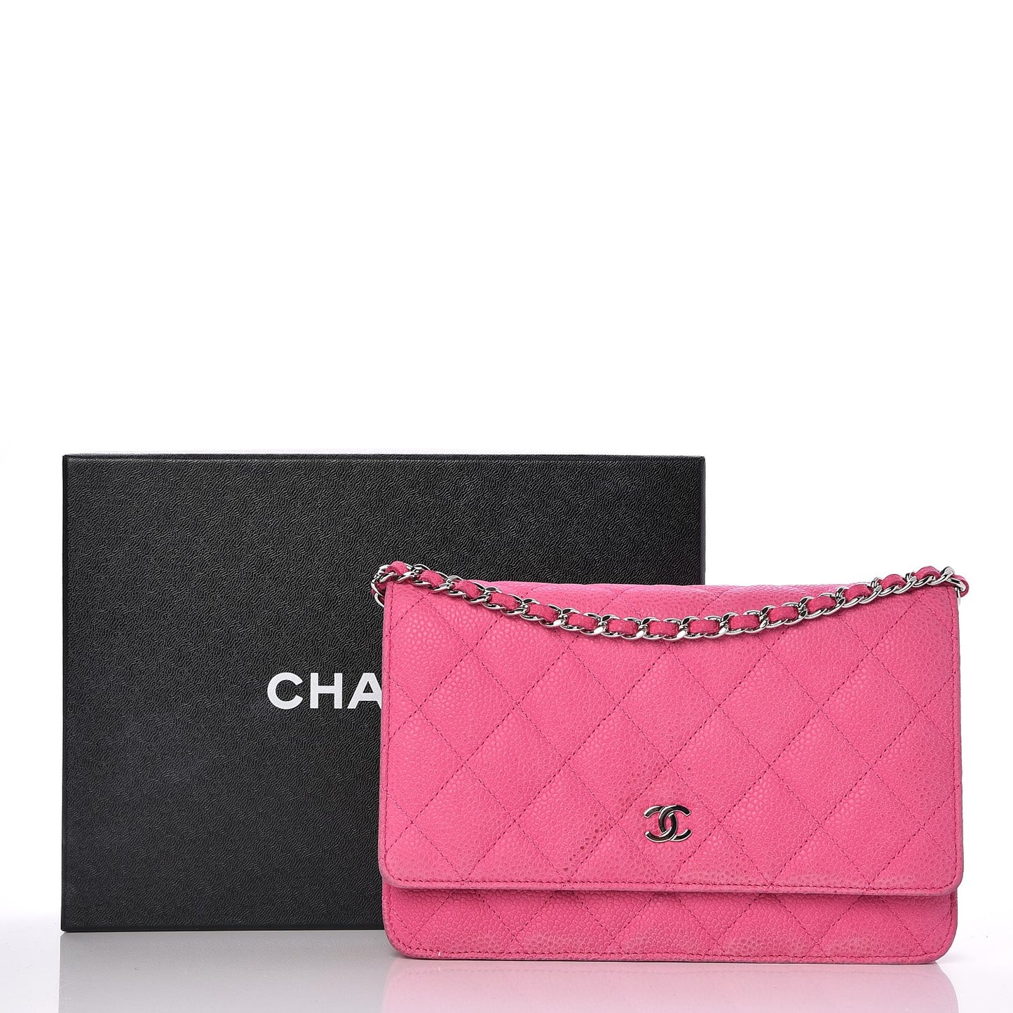 Iridescent Caviar Quilted Wallet on Chain WOC Pink