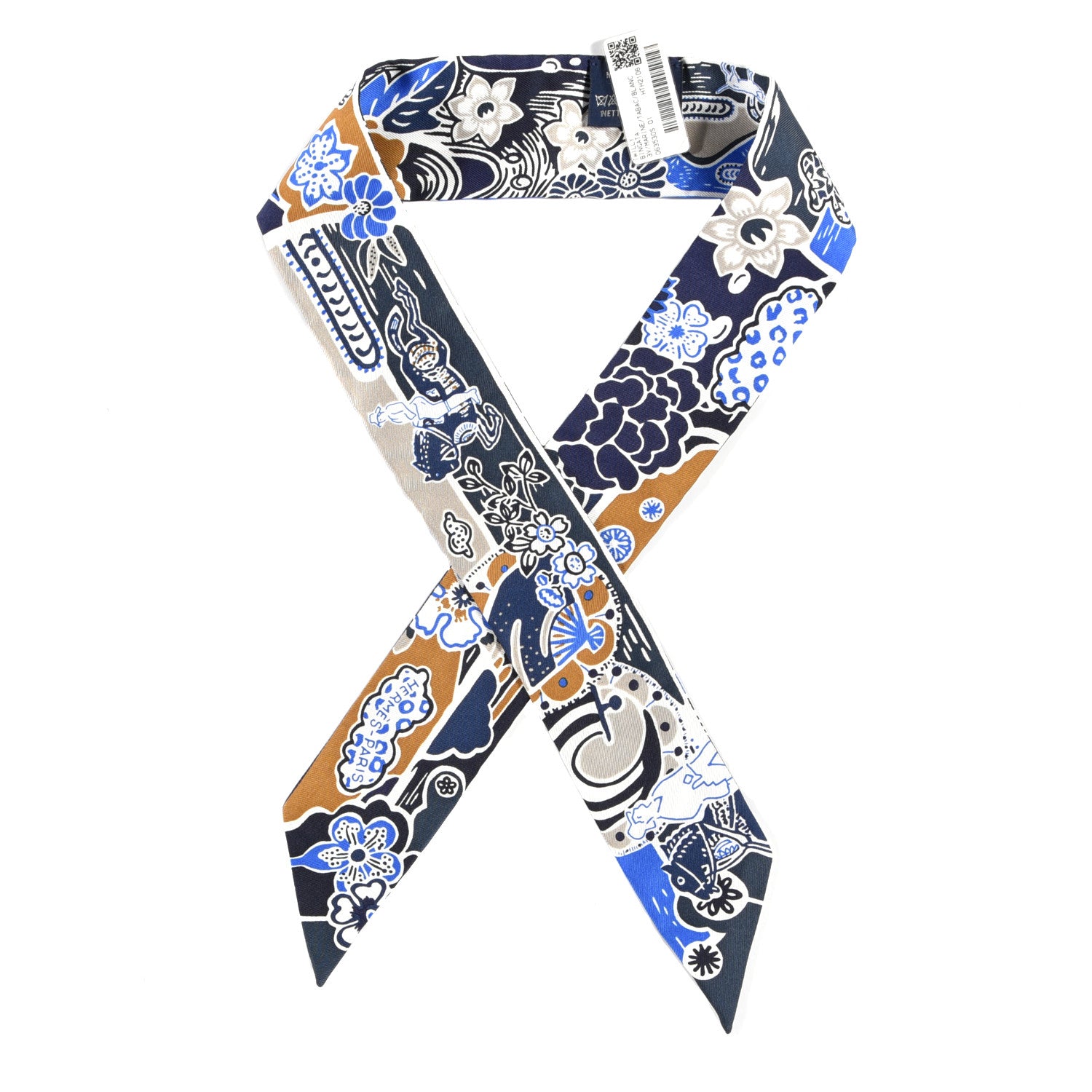 Hermes Silk Bingata Twilly Marine Tabac White 1 of 4