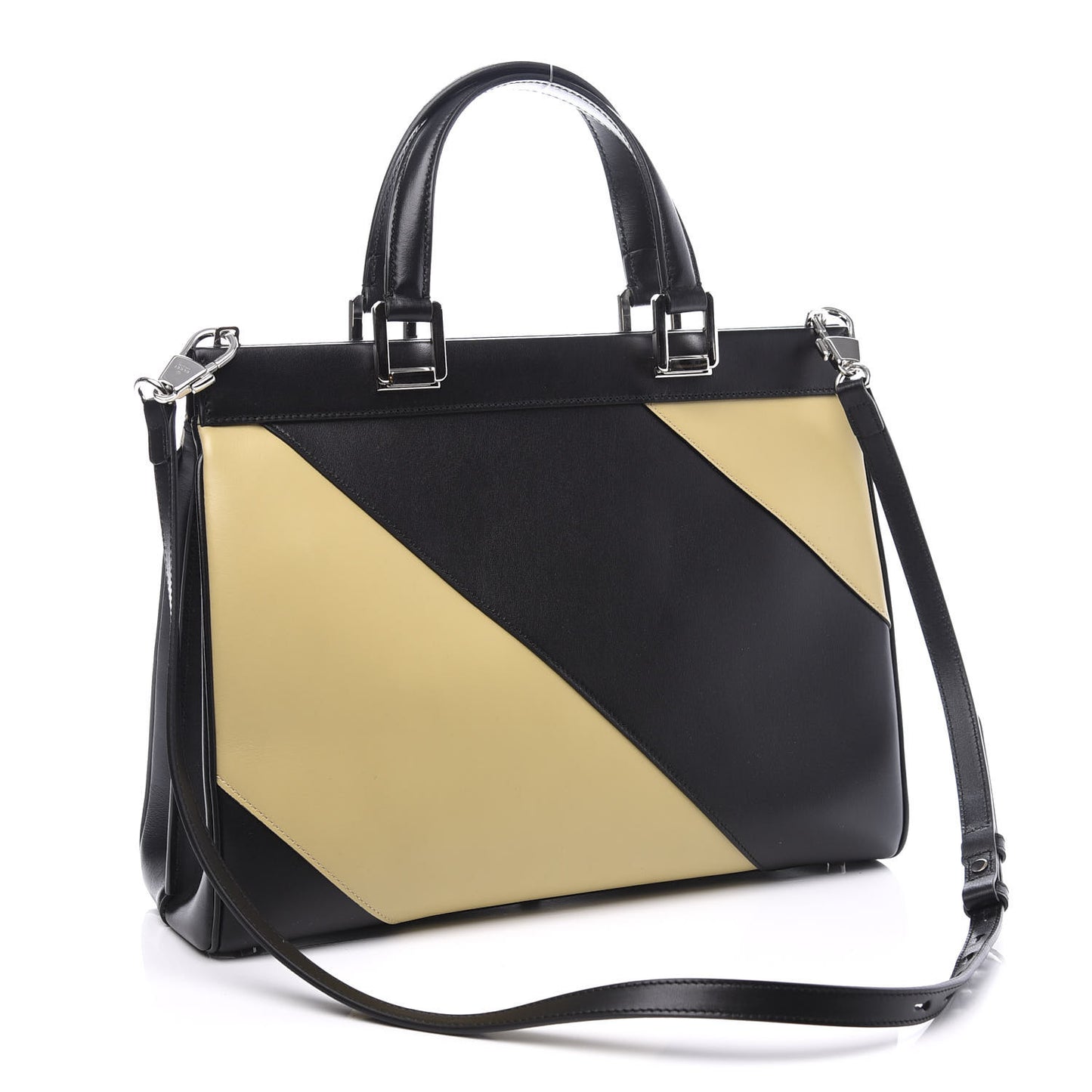 Smooth Calfskin Diagonal Striped Medium Zumi Top Handle Bag Black Beige