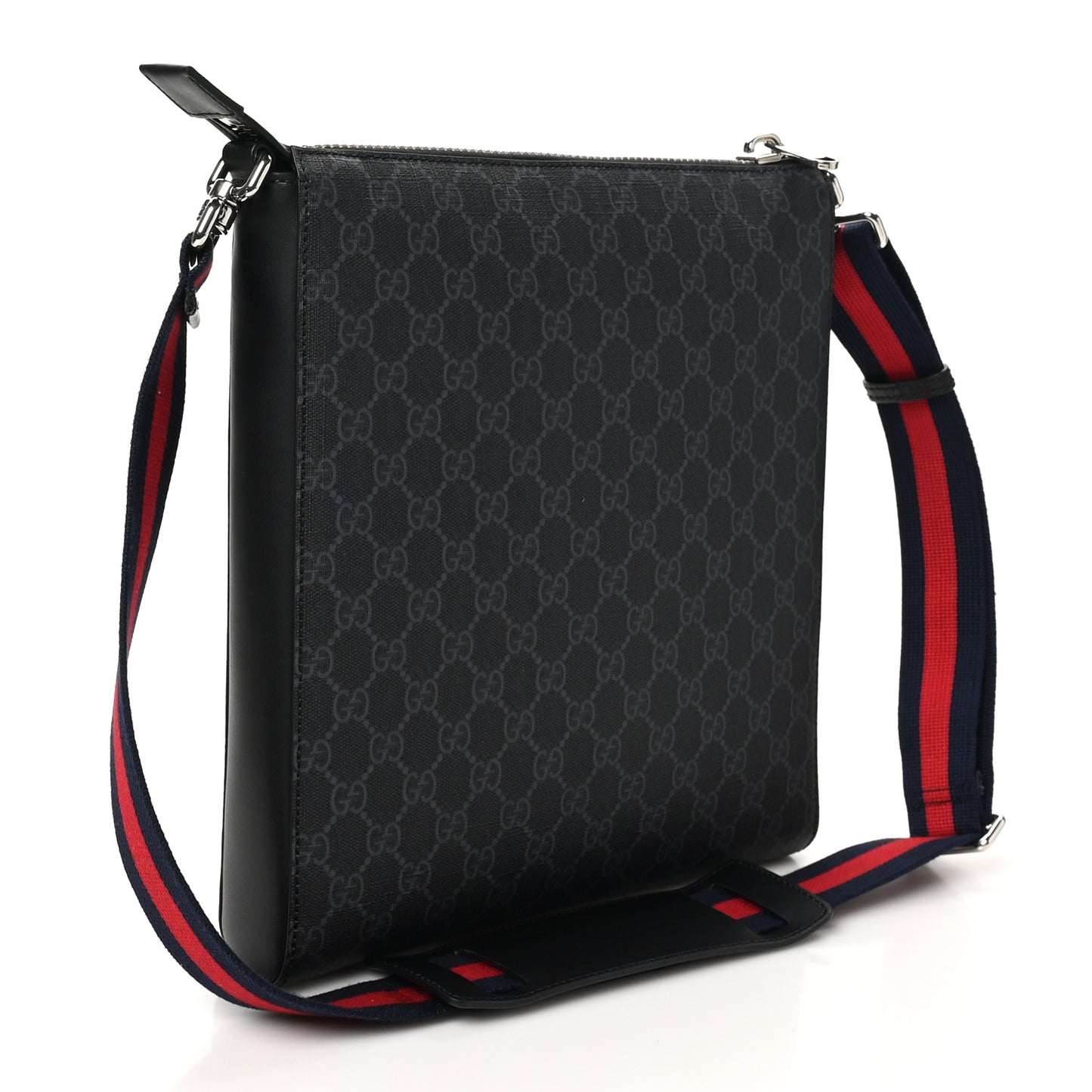 GG Supreme Monogram Appia Calfskin Web Flat Messenger Bag Black Grey