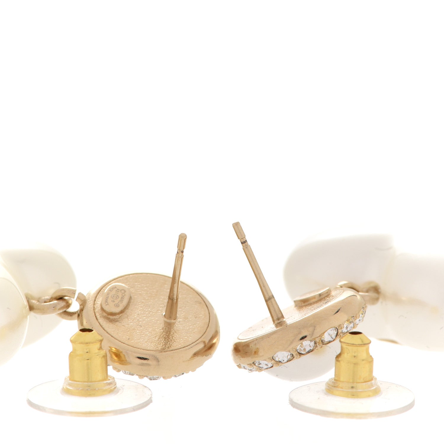 Chanel Pearl Crystal CC Heart Drop Earrings Gold 3 of 5