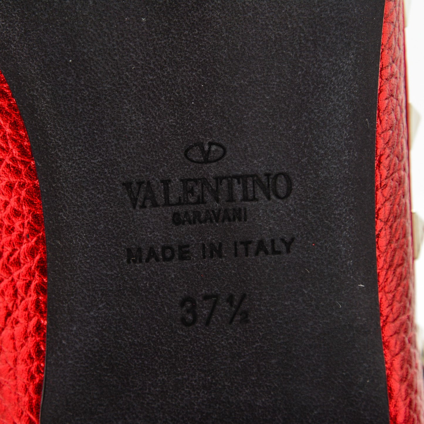 Metallic Pebbled Calfskin Rockstud Cage Ballerina Flats 37.5 Rosso Valentino