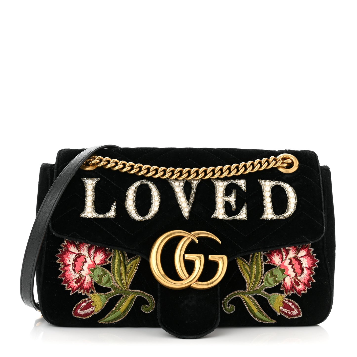 Velvet Matelasse Loved Embroidered Medium GG Marmont Shoulder Bag Black