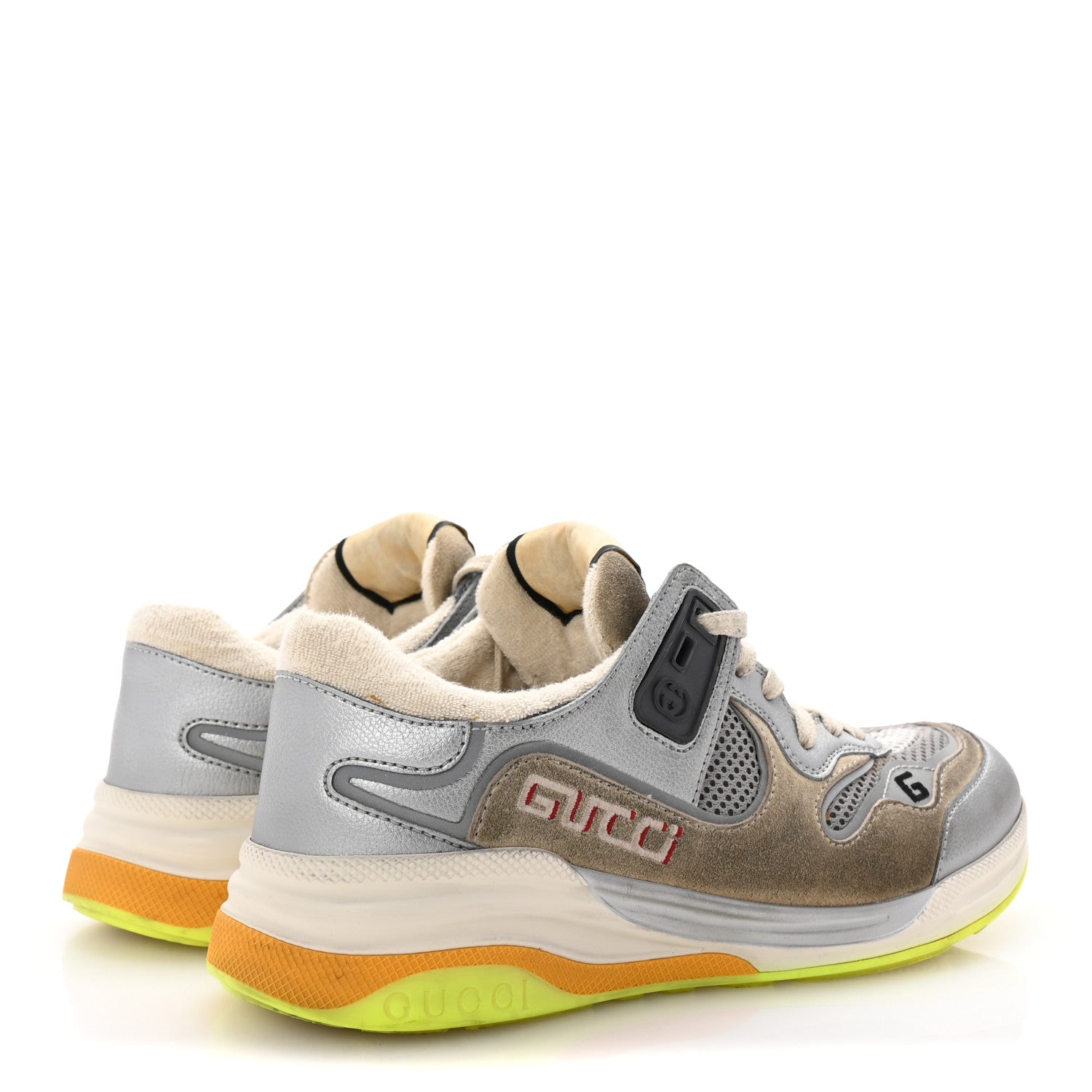 Gucci Metallic Calfskin Suede Womens Ultrapace Sneakers 37.5 Silver Oatmeal 5 of 9