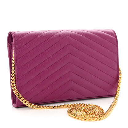 Saint Laurent Grain De Poudre Matelasse Chevron Monogram Chain Wallet Dark Grape 3 of 13